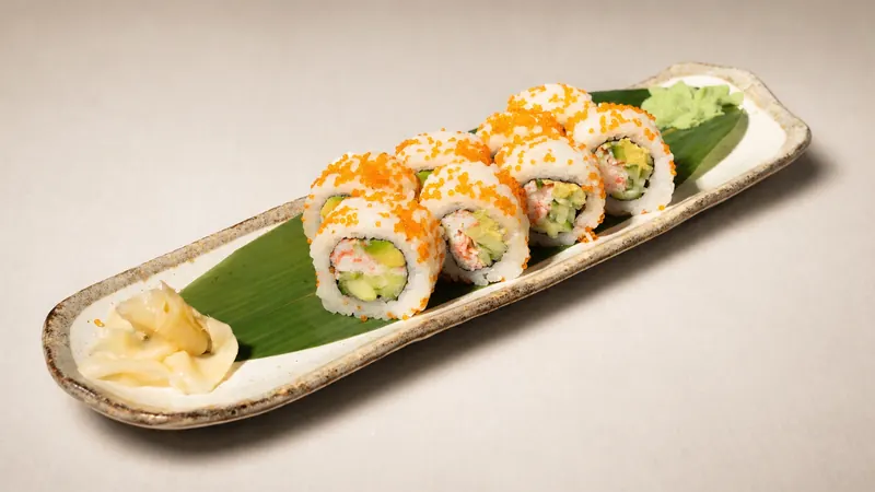 California — Crab, cucumber, avocado, tobiko, mayo, sesame, seaweed, rice