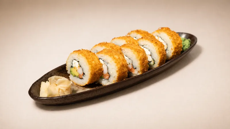 Chicago hot roll — Prawn, salmon, avocado, tobiko, seaweed, rice