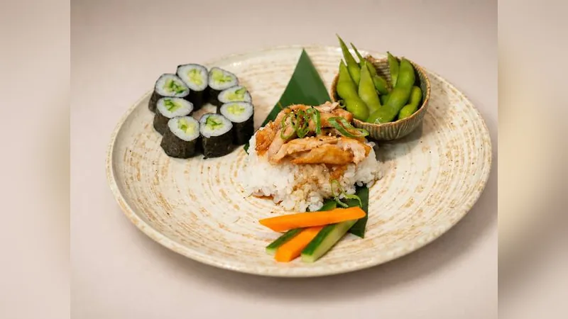 Chicken Kids Menu — Teriyaki chicken, cucumber maki, edamame, vegetable sticks, rice