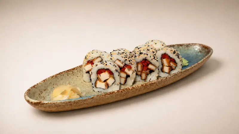 Chicken Roll — Chicken karaage, sweet pepper, sesame, seaweed, rice