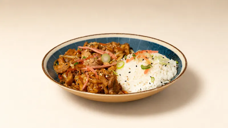 Chicken Teriyaki — Glazed in teriyaki sauce with seasonal vegetable, sesame