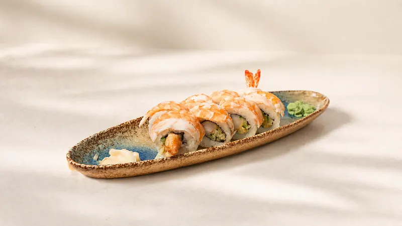 Double Ebi — Fried ebi prawn, boiled ebi prawn, cucumber, spicy mayo, seaweed, rice