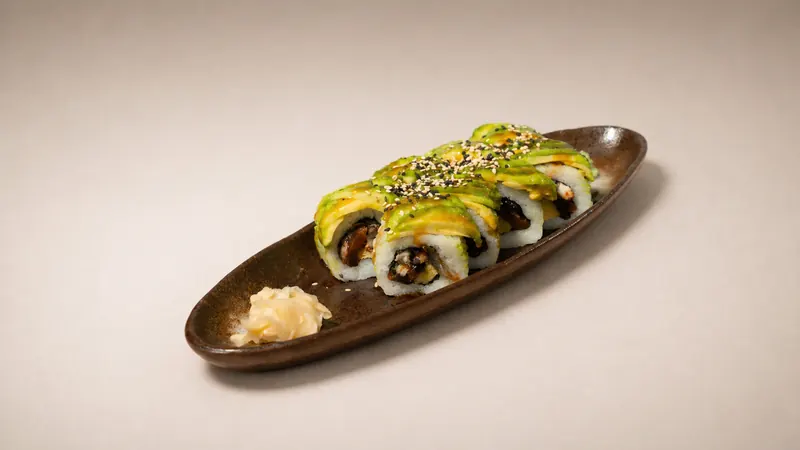 Green Dragon — Eel, tomago, shiitake, avocado, eel sauce, sesame, seaweed, rice