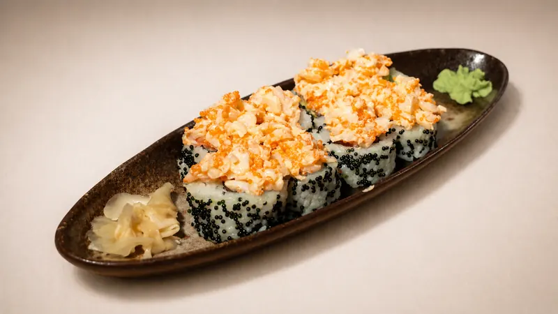Harakiri — Tobiko, salmon, cucumber, avocado, prawn, spicy mayo, seaweed, rice