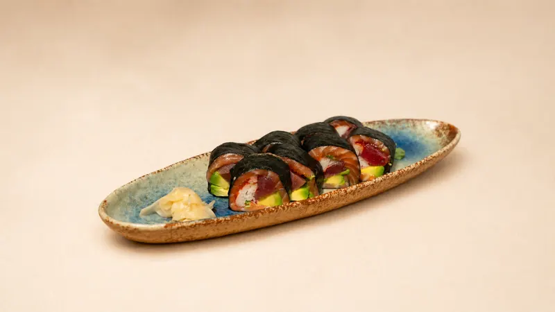Healthy Roll — Salmon, crab, tuna, avocado, spring onion, tobiko, eel sauce, seaweed