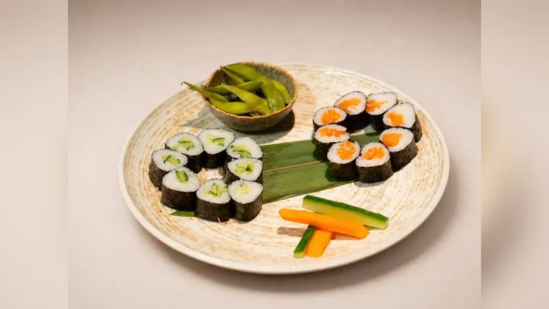Maki Kids Menu — Salmon and cucumber maki, edamame, vegetable sticks, rice