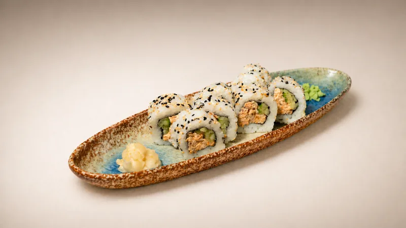 Okinawa roll — Fried salmon, cucumber, spicy mayo, sesame, seaweed, rice