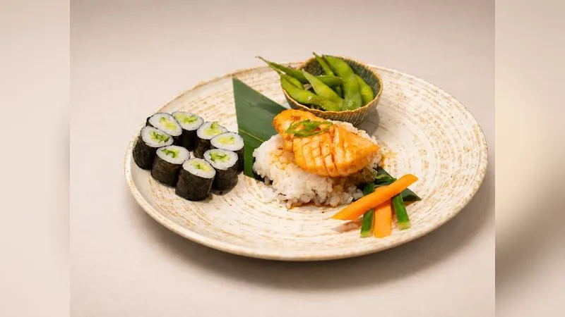 Salmon Kids Menu — Grilled salmon, cucumber maki, edamame, vegetable sticks, rice