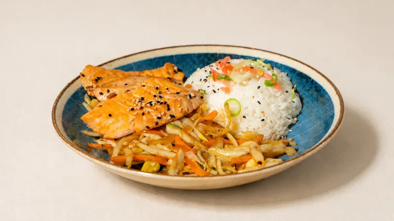 Salmon Teriyaki — Pan fried salmon, vegetable, sesame