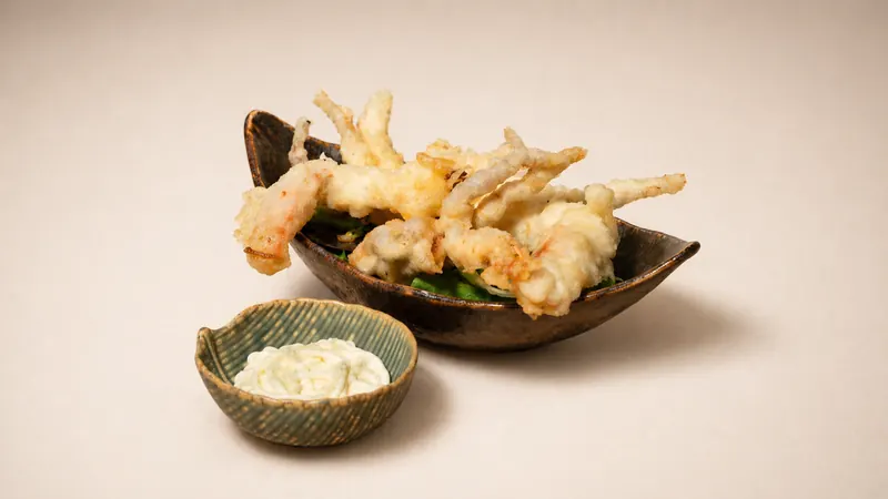 Soft Shell Crab Tempura — Crispy soft shell crab, mixed leaves, wasabi sauce, sesame