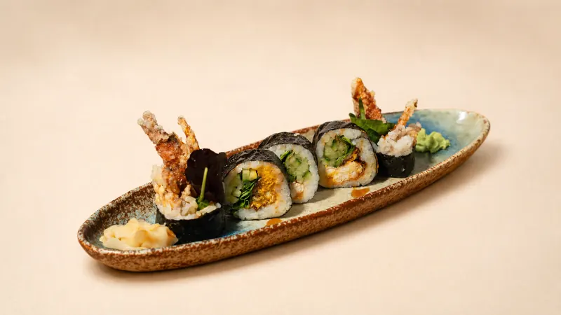 Soft Shell Crab — Crab, cucumber, mixed salad, spicy mayo, eel sauce, seaweed, rice