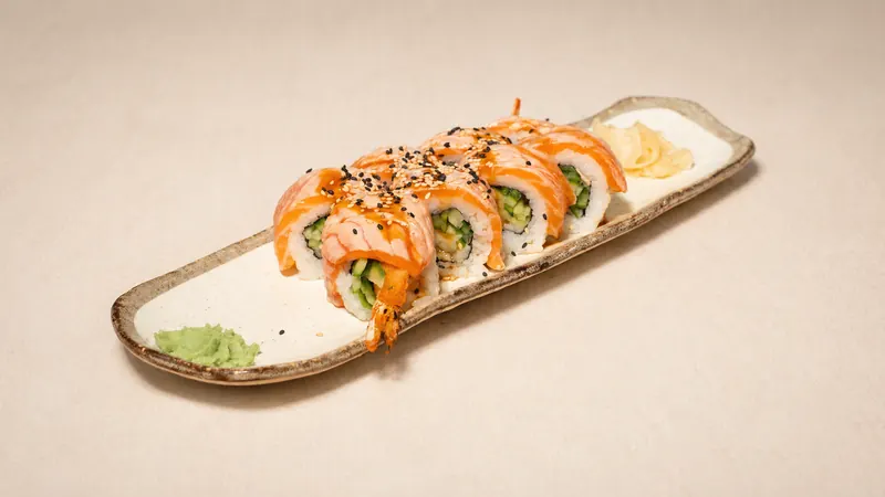 Thames — Fried ebi prawn, seared salmon, cucumber, eel sauce, sesame, seaweed, rice