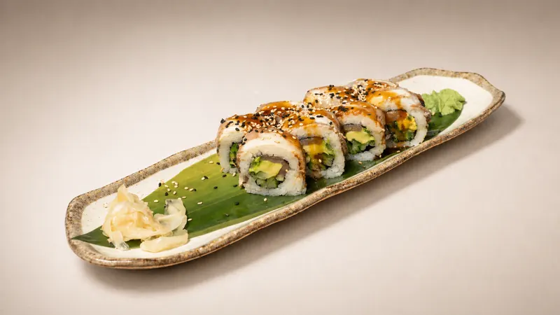 Yellow Dragon — Smoked salmon, eel, cucumber, avocado, spicy mayo, eel sauce, sesame, seaweed, rice